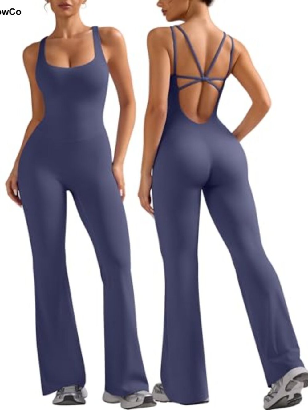 Sleeveless Flare Workout Jumpsuit Built-in Bra Criss Cross Back Gym Yoga Romper